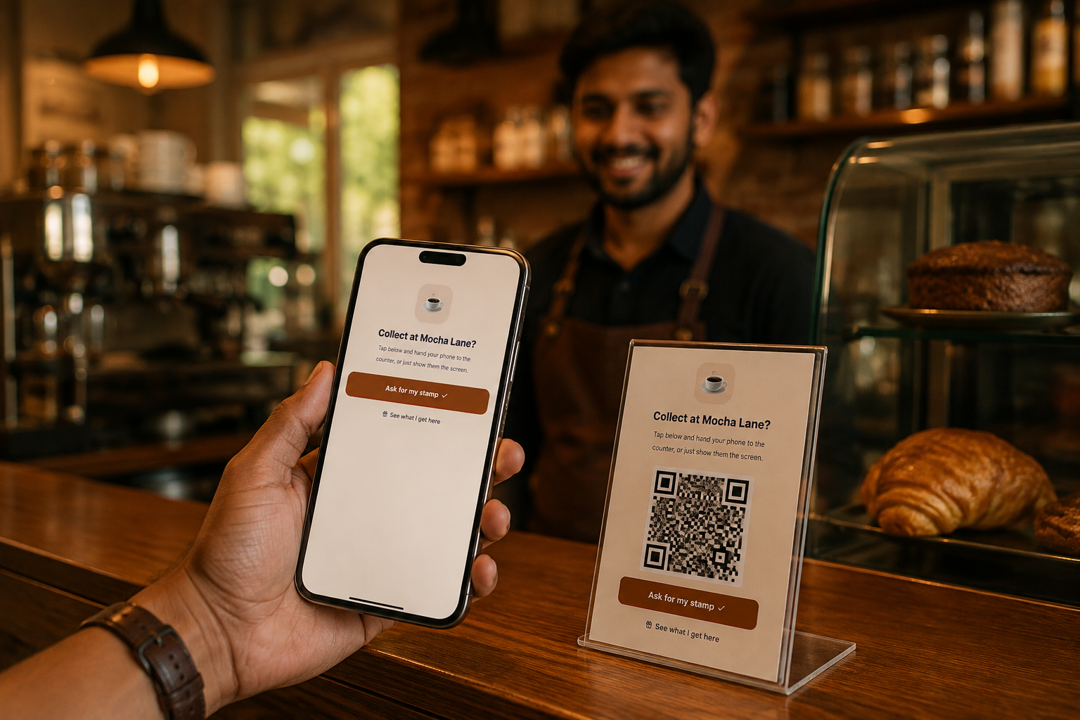 A customer scanning the Rewardifyy QR stand on a café counter