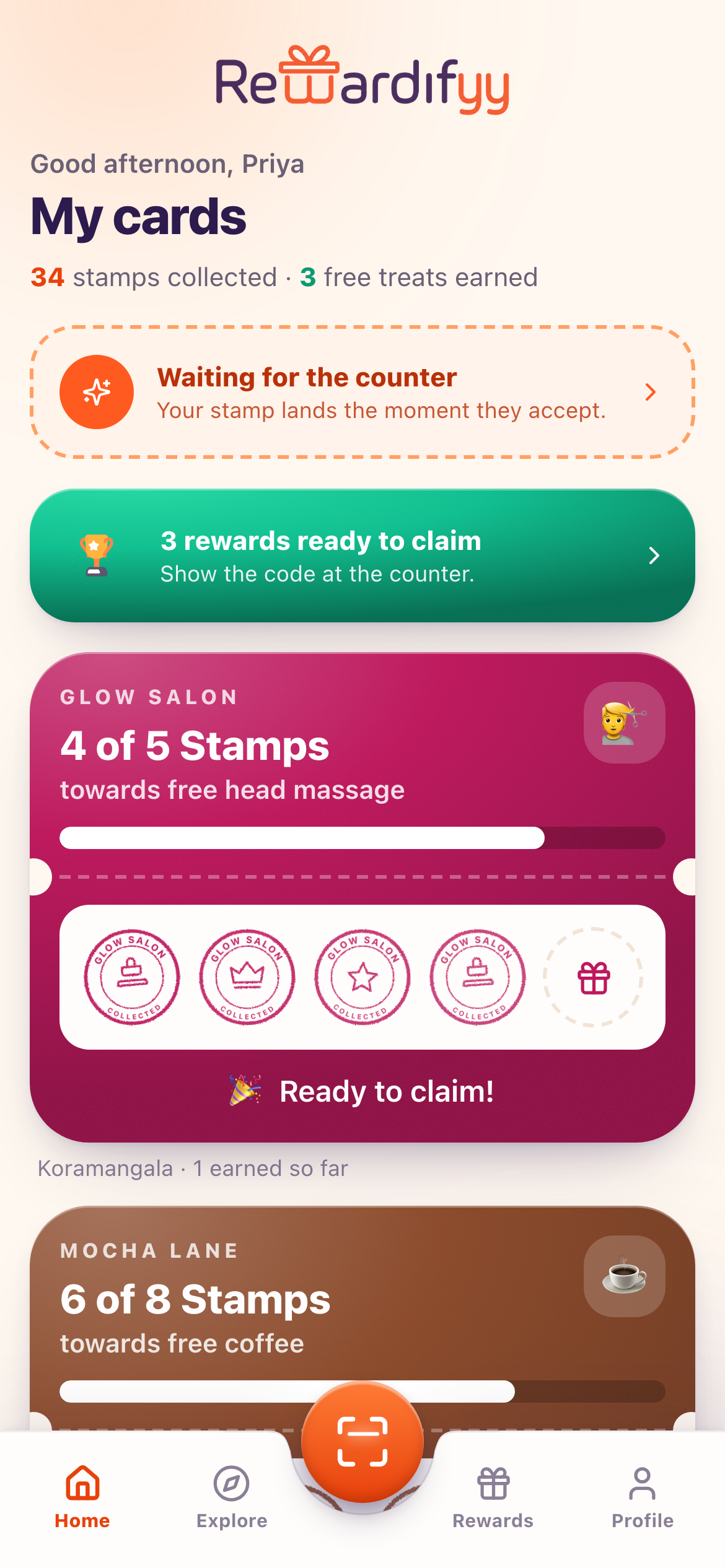 Stamp cards from three shops in the Rewardifyy customer app