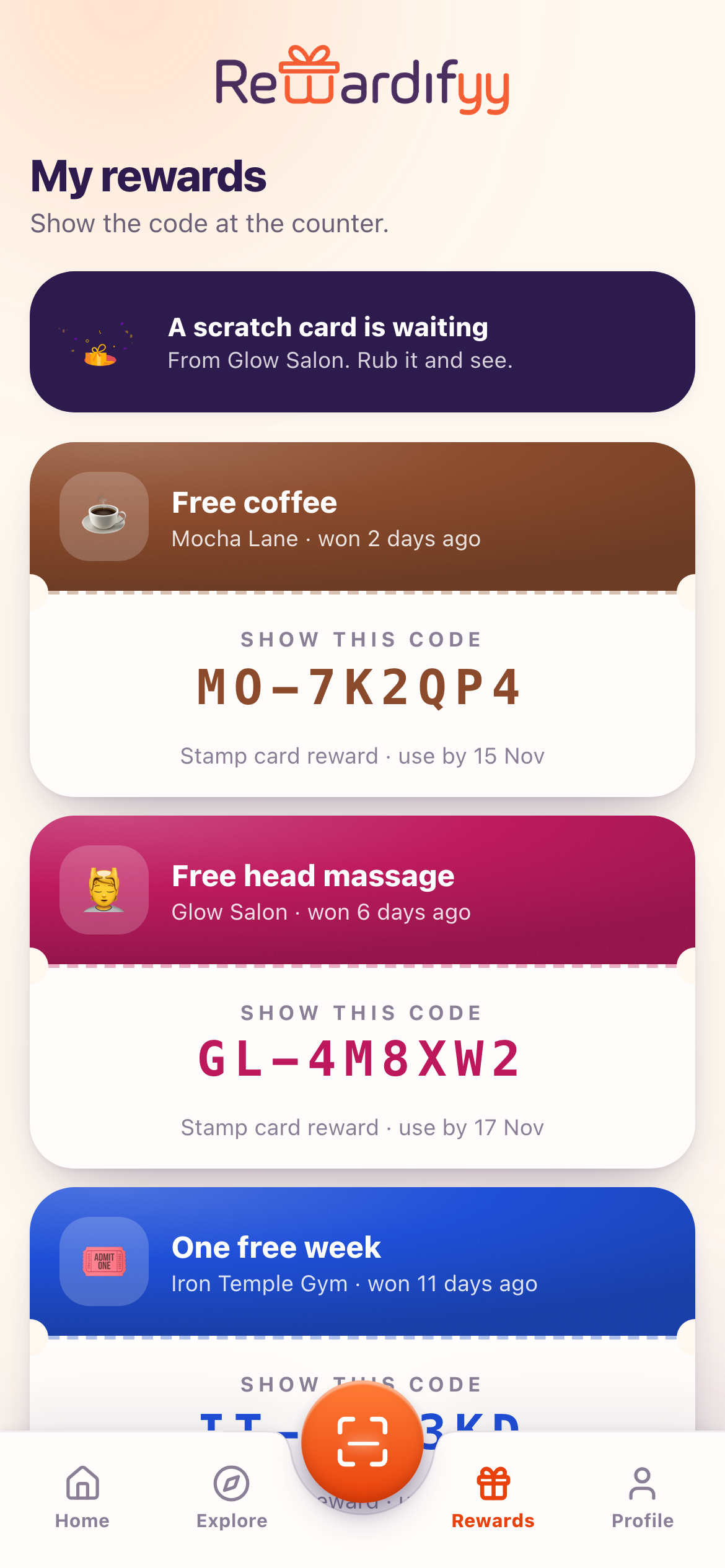 Rewards ready to claim in the Rewardifyy customer app